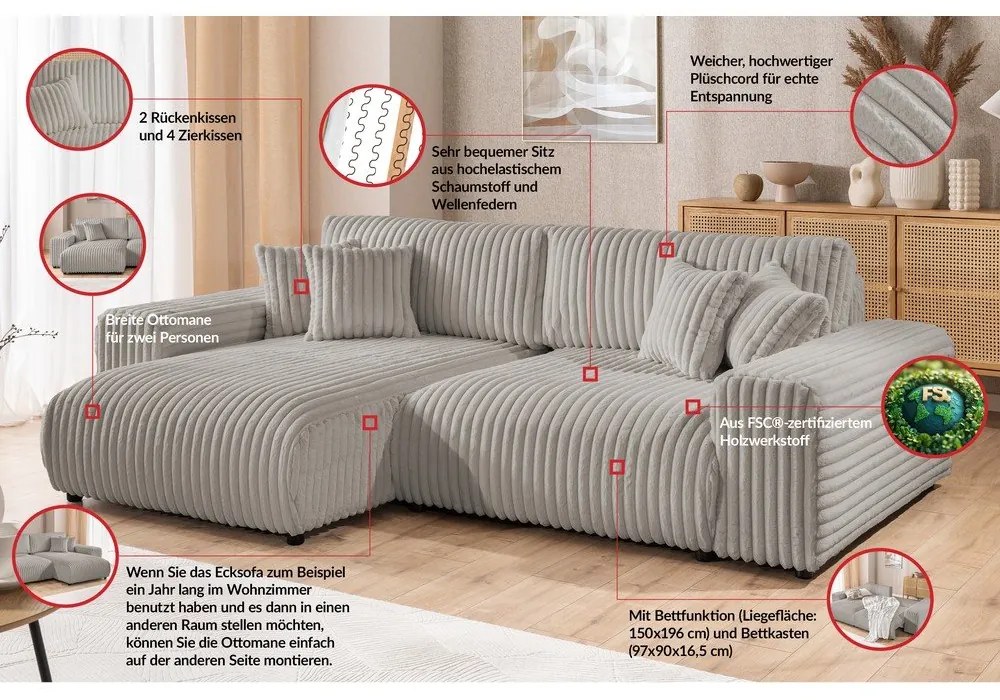 Светлосив разтегателен ъглов диван от рипсено кадифе с място за съхранение (ляв ъгъл) Sarina – Ropez