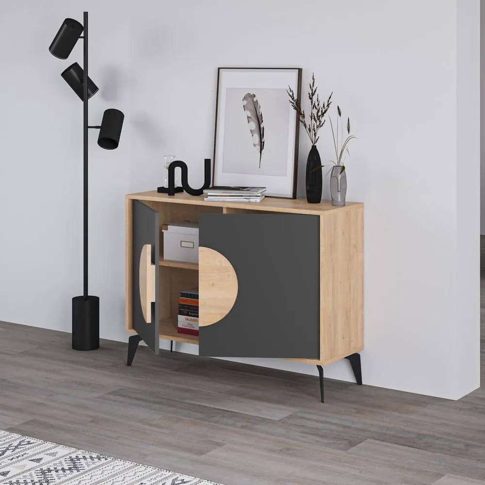 Нисък скрин с дъбов декор в черно-натурален цвят 110x82 cm Vae - Marckeric