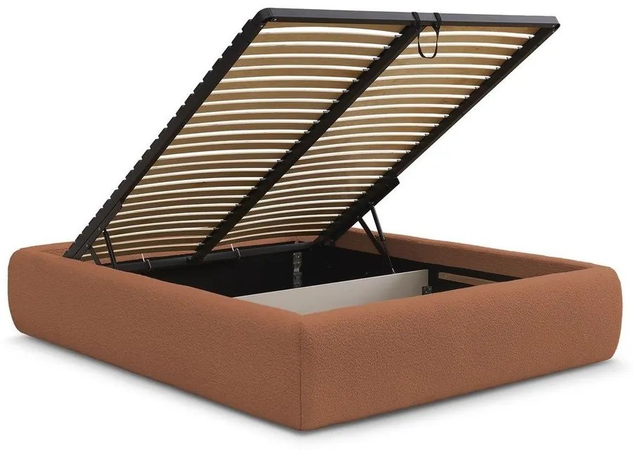 Оранжево тапицирано двойно легло без табла с място за съхранение и включена подматрачна рамка 180x200 cm Inera – Bobochic Paris