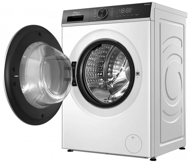 Пералня с предно зареждане Tesla WF81480T, 1900W, 8 кг, 1400об/мин, Инверторен мотор, Клас А, 14 програми, Бял/черен