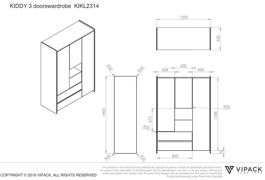 Бял детски гардероб , 137,8 x 190 cm Kiddy - Vipack