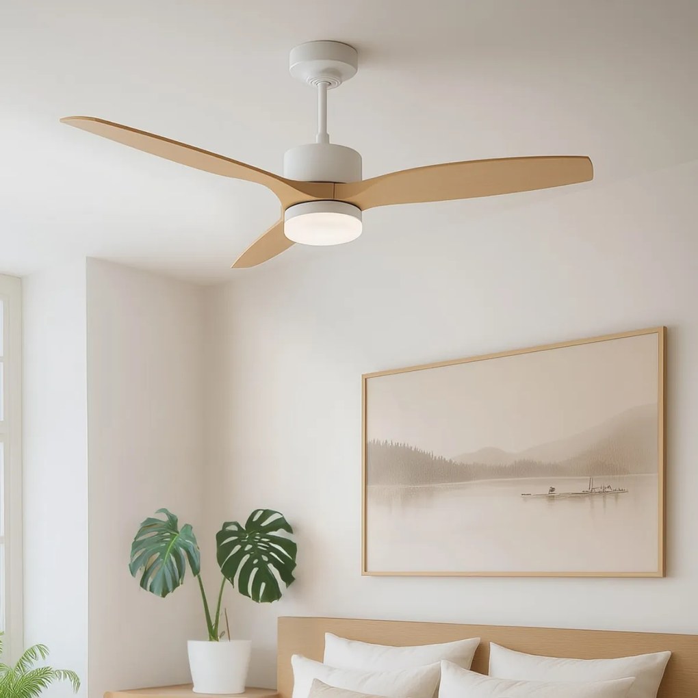 Вентилатор за таван бял с дървен принт 132 см вкл. LED димируем с дистанционно управление - Joly