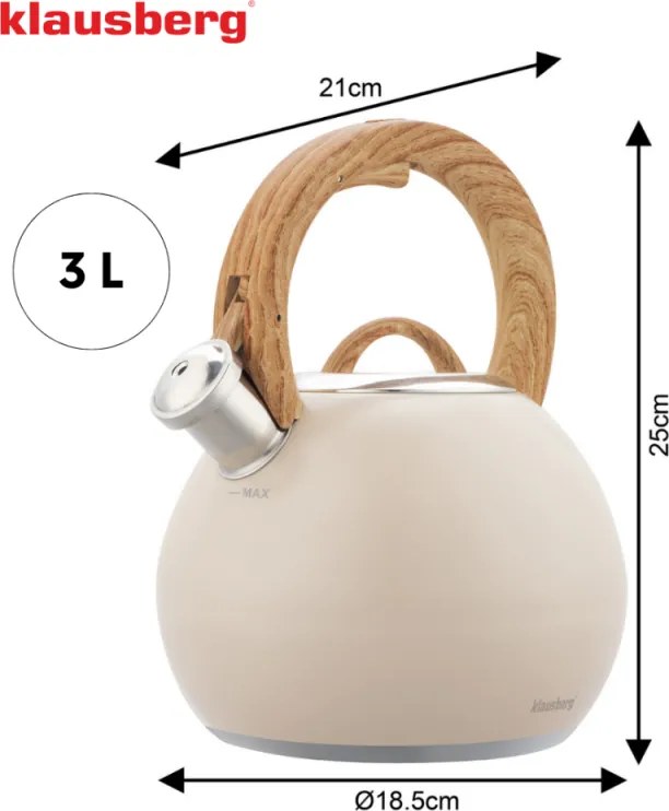 Свирещ чайник Klausberg KB 7956, 3l, Термоизолирана дръжка, Многослойно дъно, Индукция, Бежов