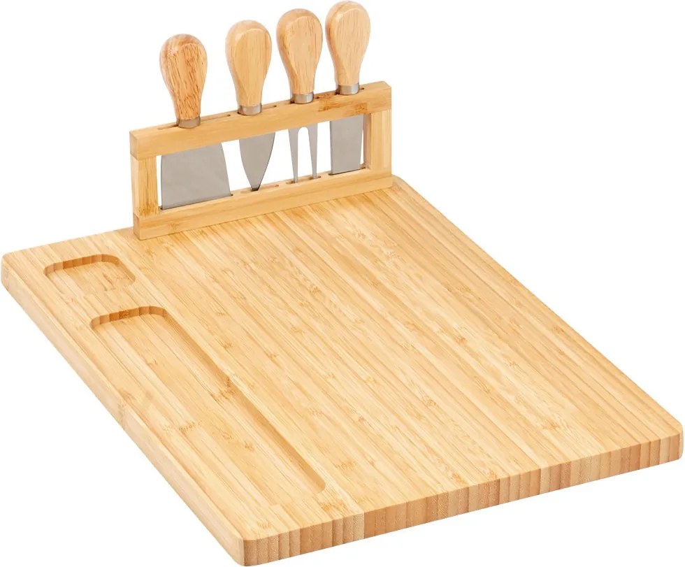 Бамбукова дъска за сирена с магнитна лента и 4 ножа от неръждаема стомана