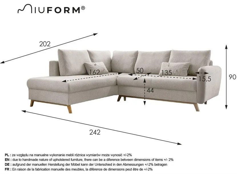 Светлосив ъглов разтегателен диван ляв ъгъл, Scandic Lagom - Miuform