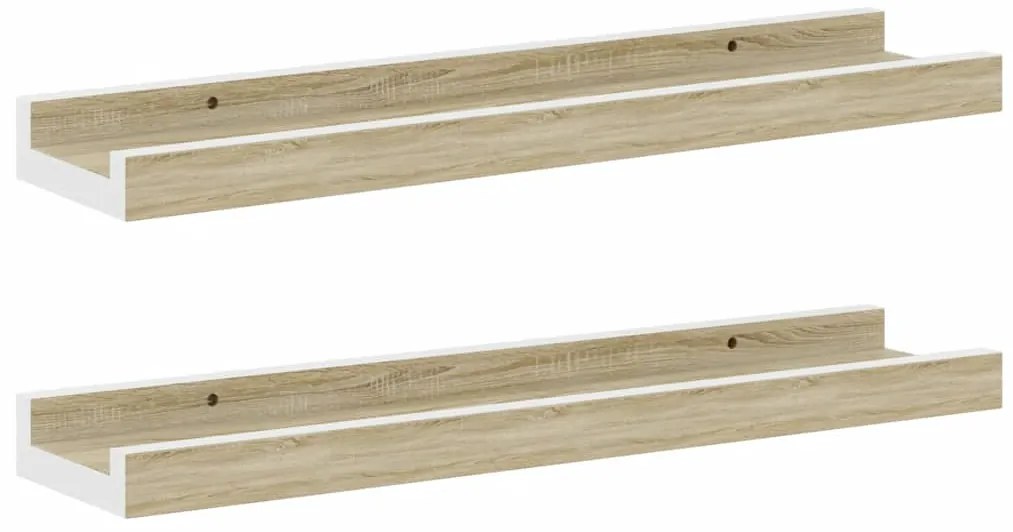 326689 vidaXL Стенни рафтове, 2 бр, бяло и сонома дъб, 40x9x3 см
