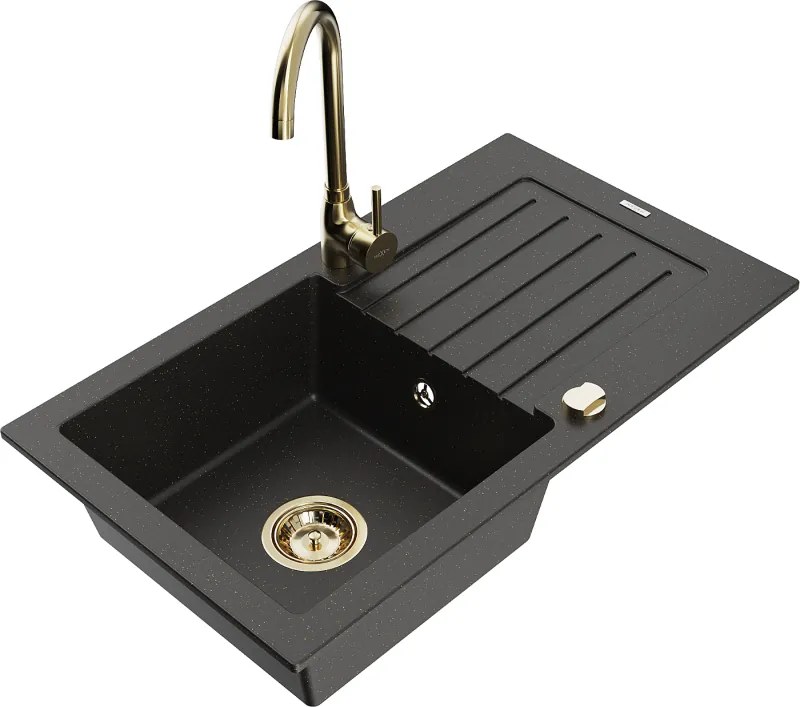 Mexen Pablo гранитна мивка с 1 отделение с отцедник и кухненски смесител Telma, черен/златен - 6510-75-670200-50