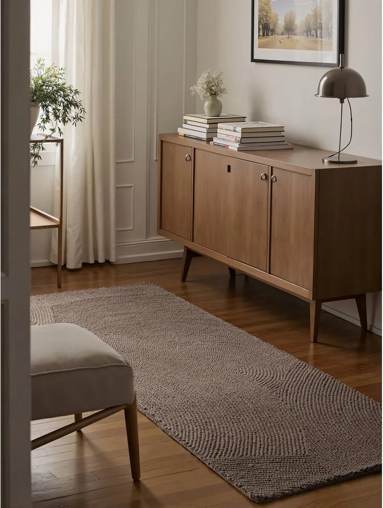 Кафяво-сива ръчно изработена вълнена пътека 80x300 cm Calmio – Hanse Home