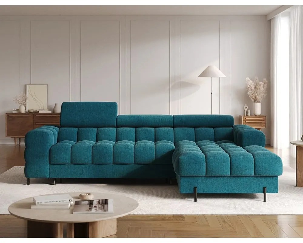 Син разтегателен ъглов диван с място за съхранение от букле (десен ъгъл) Felro – ELTAP