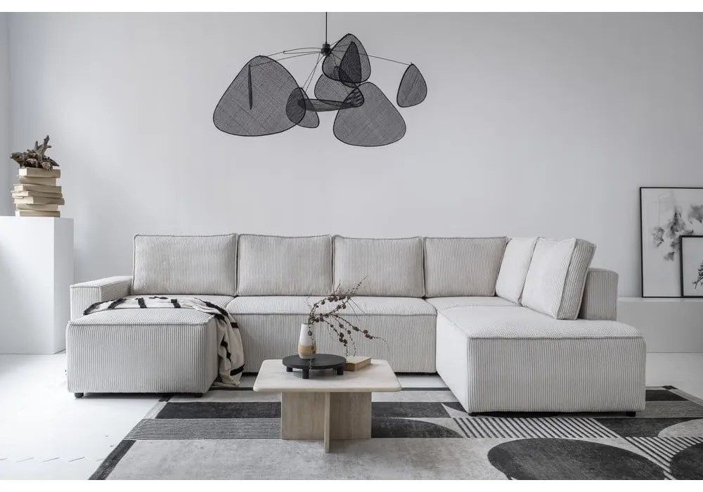 Бял разтегателен ъглов диван от рипсено кадифе (десен ъгъл/"U" форма) Brave Dave – Miuform