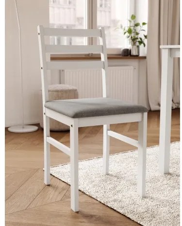 Комплект ТОРИНО маса + 4 стола Бяло/Светло сиво (тъкан Савана 21) - ДЪРВЕН КОМПЛЕКТ ЗА КУХНЯ/ТРАПЕЗАРИЯ