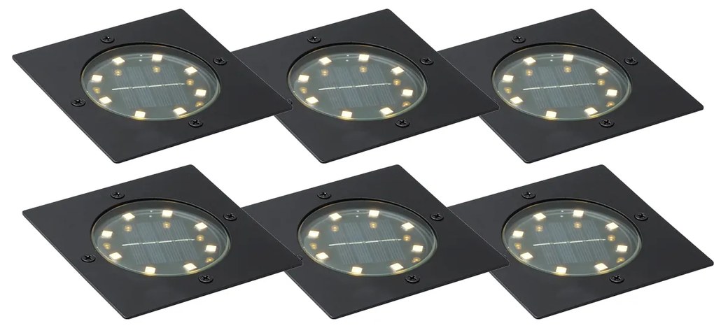 Комплект от 6 черни квадратни наземни прожектора с LED IP65 соларно захранване - Тери