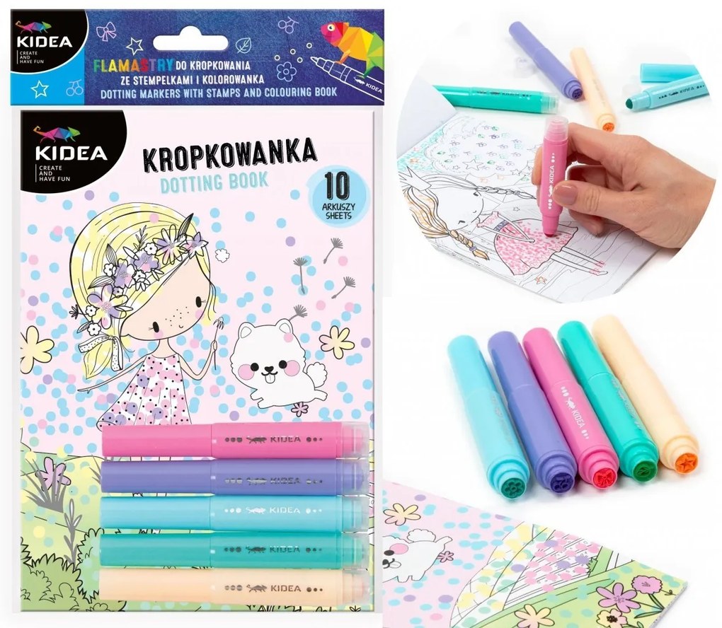 Kidea - Комплект маркери за рисуване на точки с печати и книжка за оцветяване Фея 97333