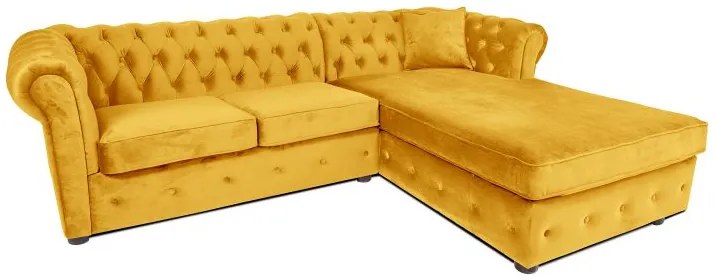 Ъглов разтегателен диван с матрак и лежанка Chesterfield Cristina в жълто, Ш245 Д85/175 В68 см