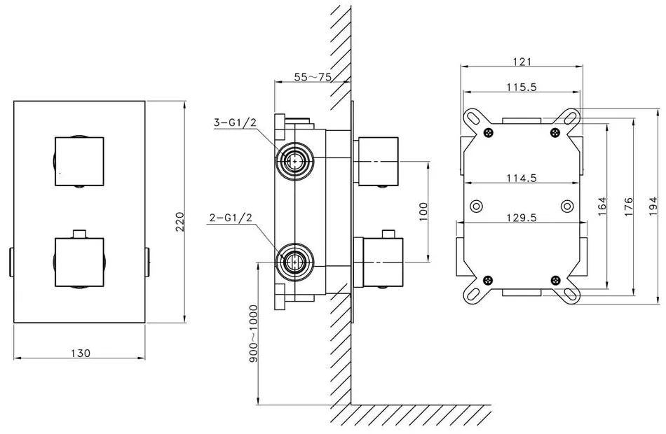 Вградена душ батерия в лъскаво-сребрист цвят (3 изхода) Latus – Sapho