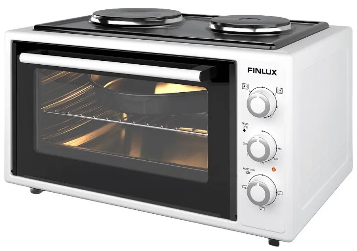 Малка готварска печка Finlux FMC-4524WF, 45 л, 1600 W, Два котлона, 3 функции, Емайл, Бял