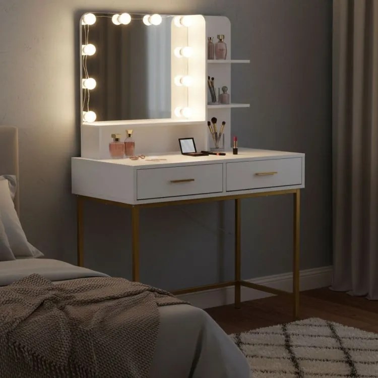 Голяма козметична тоалетка с LED огледало и странични рафтове