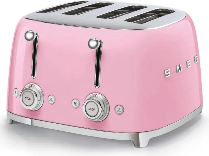 Тостер за хляб SMEG 50's Style TSF03PKEU, 2000W, 4 филии, 6 нива, Тавичка за трохи, Вграден кабел, Неръждаема стомана, Розов