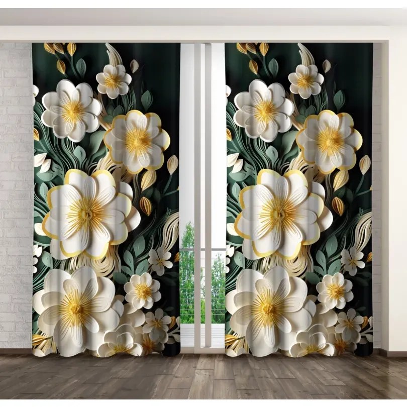 Декоративна черна завеса с отличителни бели цветя Ширина: 160 см | Дължина: 250 см