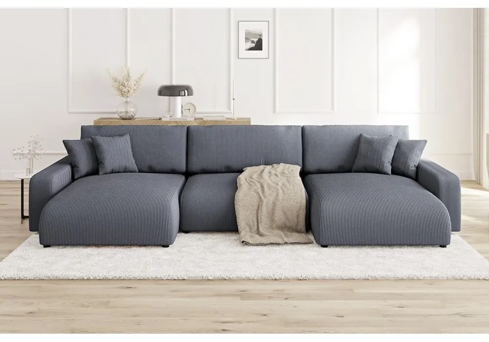 Тъмносив ъглов диван с място за съхранение от рипсено кадифе Sara – Ropez