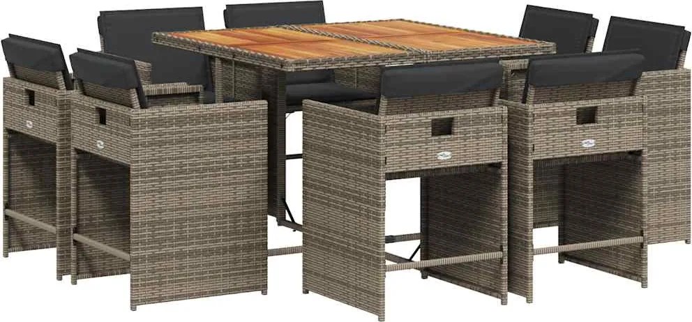 3211202 vidaXL Градински трапезен комплект 9 части с възглавници сив полиратан