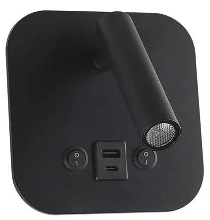 LED стенен спот с USB порт LED/8W/230V 3000K черен