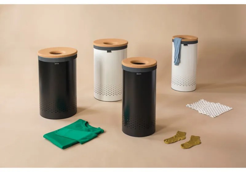 Кош за пране Brabantia 90300241, 60 л, Корков капак, Пълнене без отваряне, Вентилационни отвори, Бял
