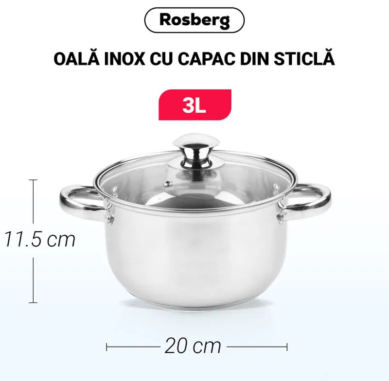 Тенджера Rosberg R51210O20, 3L, 20 см, Стъклен капак с отвор за пара, Инокс