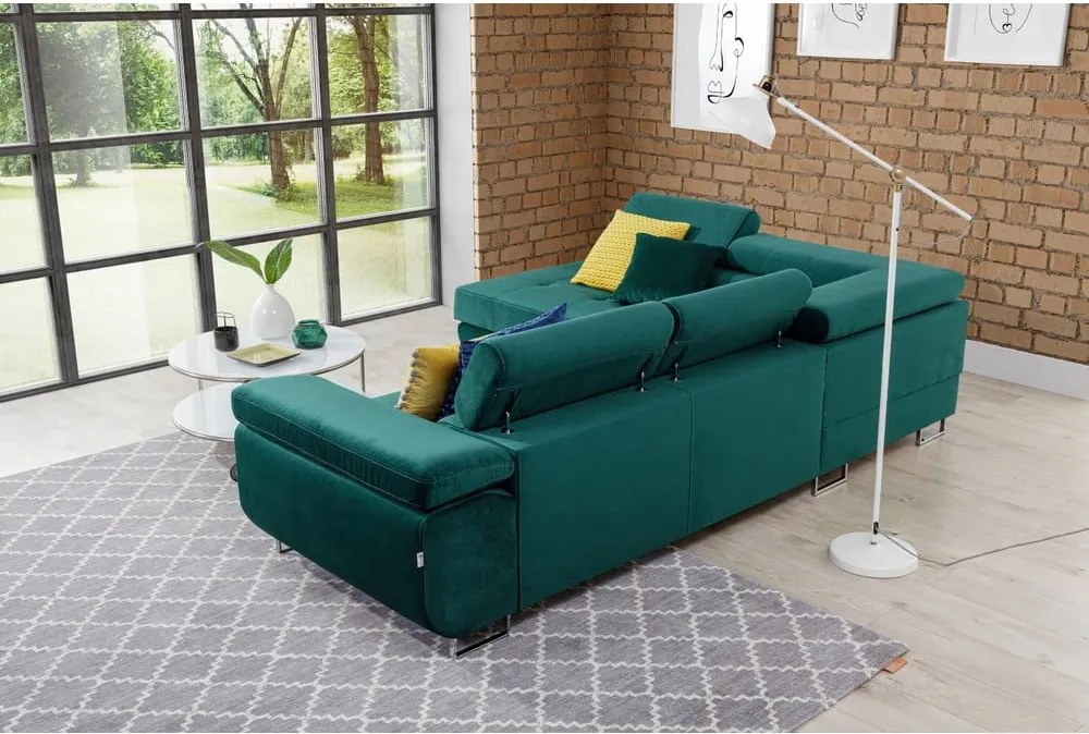 Зелен кадифен разтегателен ъглов диван с място за съхранение (ляв ъгъл L форма) Anton – ELTAP