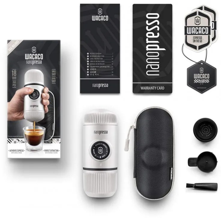 Преносима еспресо машина Wacaco Nanopresso Chill White, 18bar, 80 мл, За мляно кафе, Без необходимост от зареждане и батерии, Калъфче, Бял