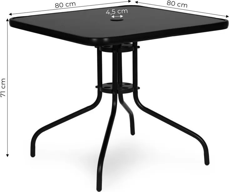 Квадратна градинска маса 80 см с отвор за чадър - черна