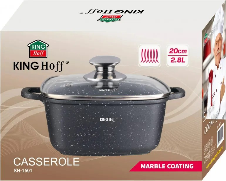 Тенджера за фурна и котлон Kinghoff KH 1601, 20x20 см, 2.8 л, Мраморно покритие, Индукция, Черен