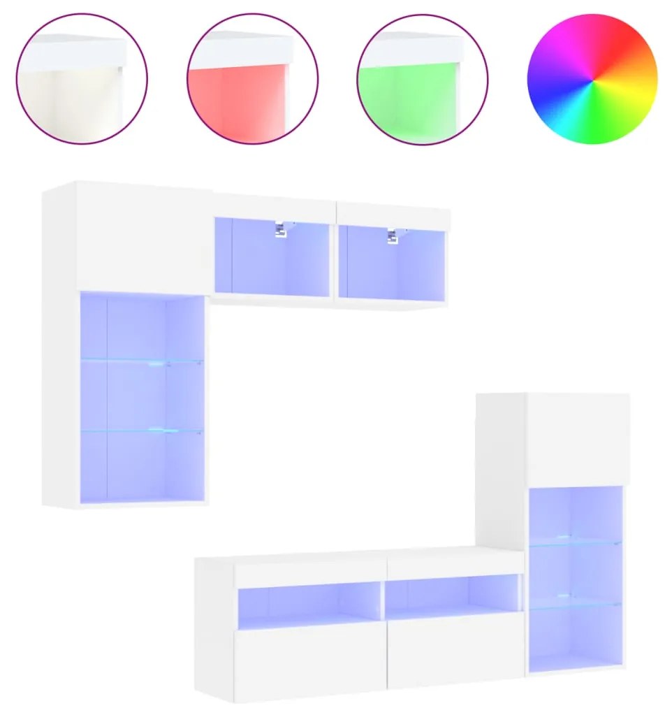 3216725 vidaXL ТВ стенни модули с LED, 5 части, бели, инженерно дърво