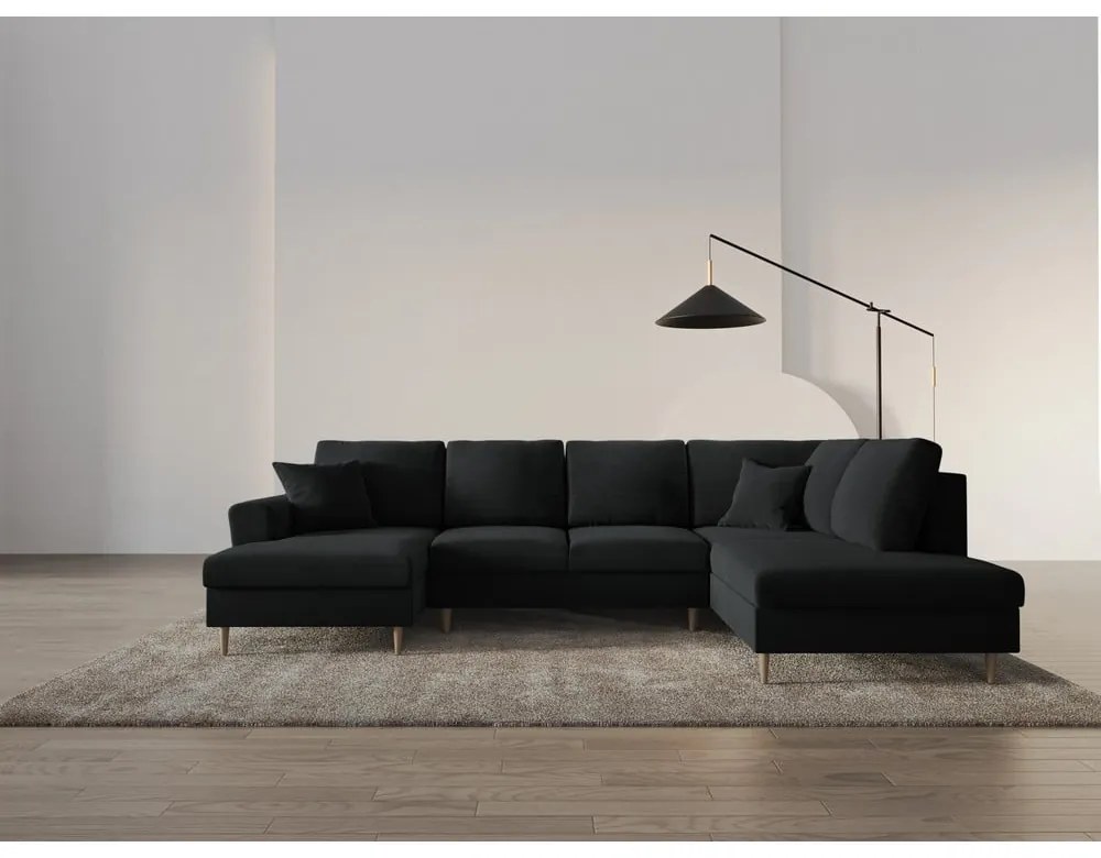 Черен кадифен разтегателен ъглов диван с място за съхранение (десен ъгъл/U форма) Kyoto – Cosmopolitan Design