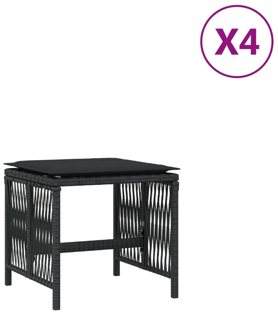 365056 vidaXL Външни табуретки с възглавници 4 бр черни 41x41x36 см полиратан