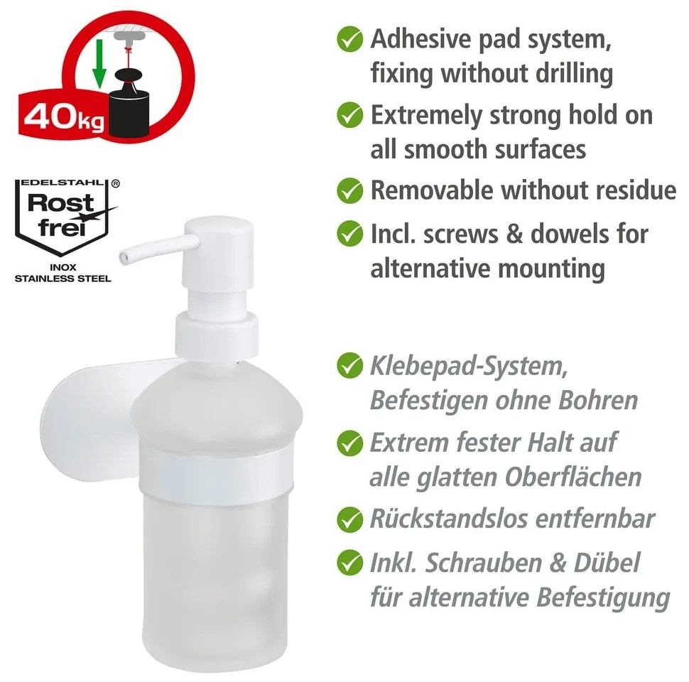 Бял самозалепващ стъклен диспенсер за сапун 200 ml Orea – Wenko