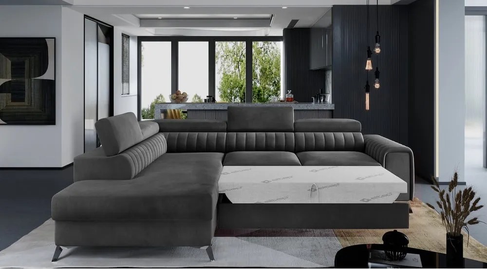 Тъмносив кадифен разтегателен ъглов диван с място за съхранение (ляв ъгъл L форма) Laurence – ELTAP