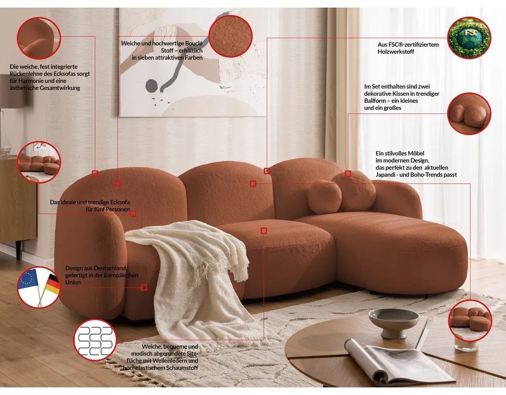 Теракотен ъглов диван от прежда с примки от букле (десен ъгъл) Orbit – Ropez