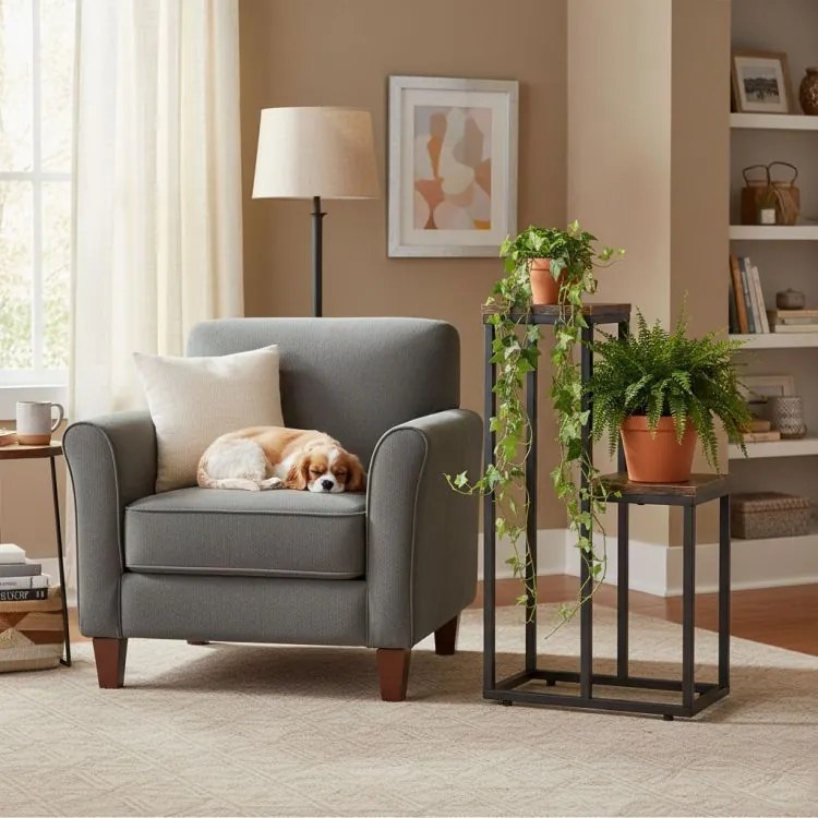 Стойка за цветя в таванско помещение - метална стойка за цветя с 2 рафта и дървен декор