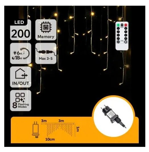 Aigostar - LED външна коледна гирлянда 200xLED/6W/230V/8 режима 3x1m IP44 топла бяла+дистанционно управление