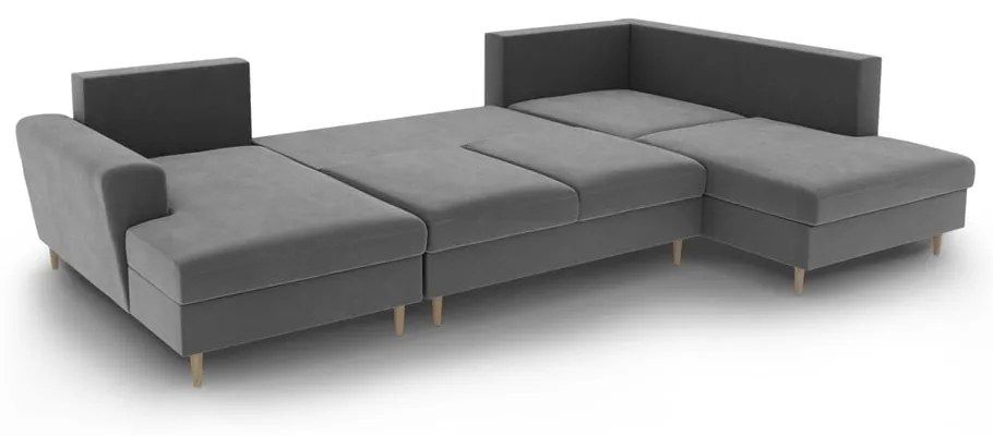 Светлосив кадифен разтегателен ъглов диван с място за съхранение (десен ъгъл/U форма) Kyoto – Cosmopolitan Design