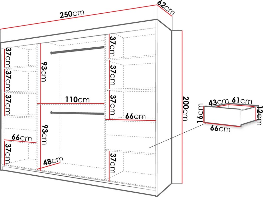 Плъзгащ се гардероб Jodelka с Огледало-Leuko-Mauro-Дължина: 250 cm