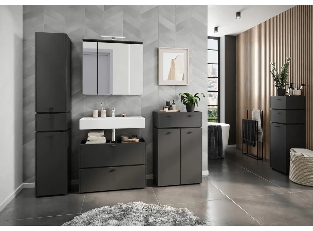 Антрацитен шкаф за баня с огледало и осветление 76x74 cm Modesto - Germania