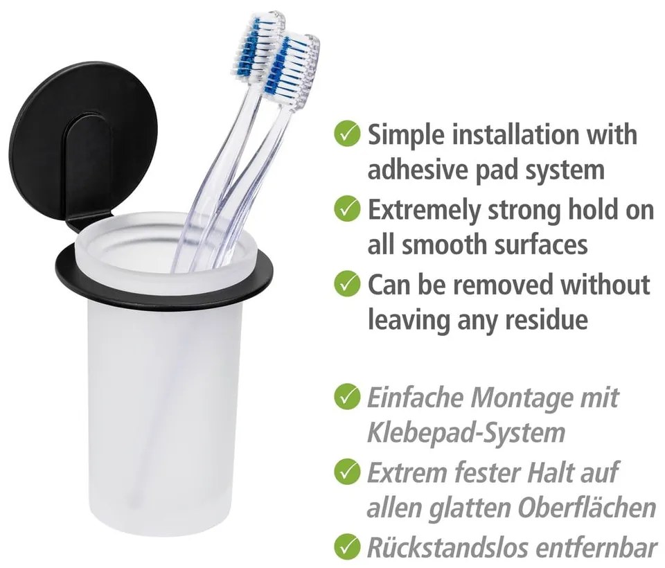 Матово черна самозалепваща стъклена чаша за четки за зъби Bivio – Wenko