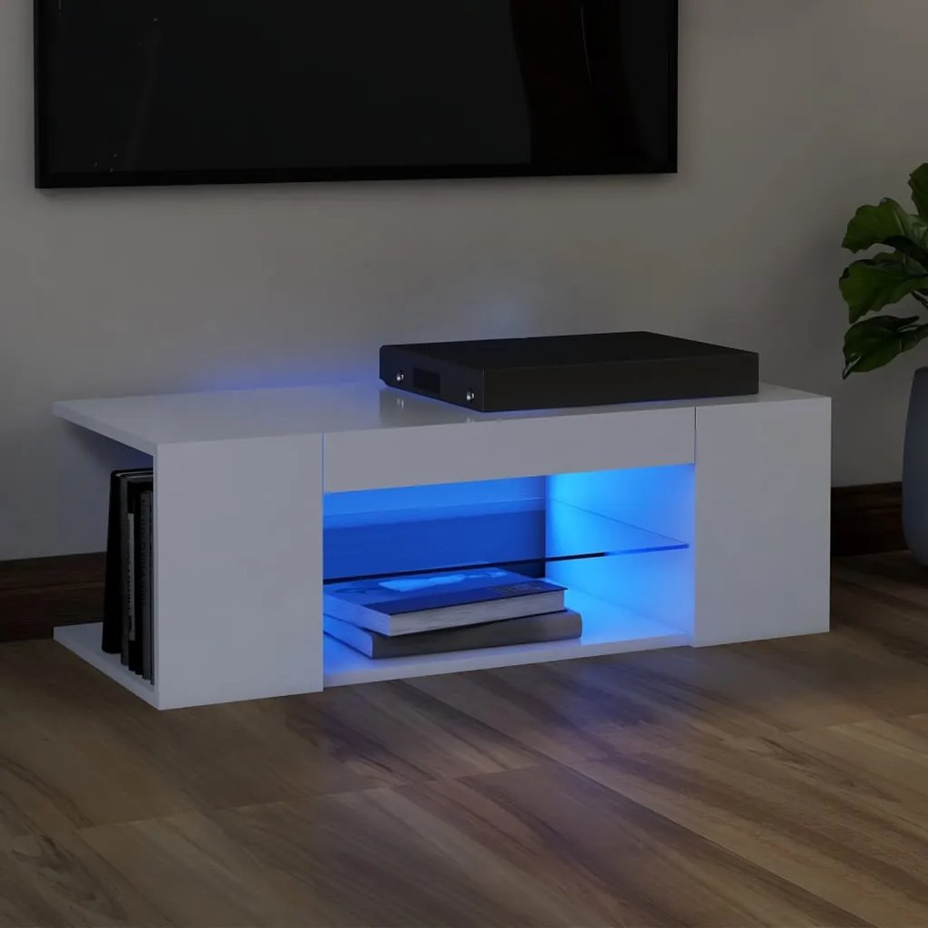 804238 vidaXL ТВ шкаф с LED осветление, бял, 90x39x30 см