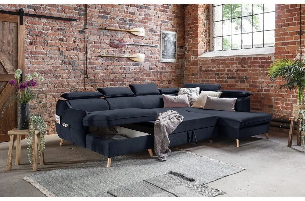 Тъмносин кадифен U-образен ъглов диван (десен ъгъл) Sweet Harmony - Miuform