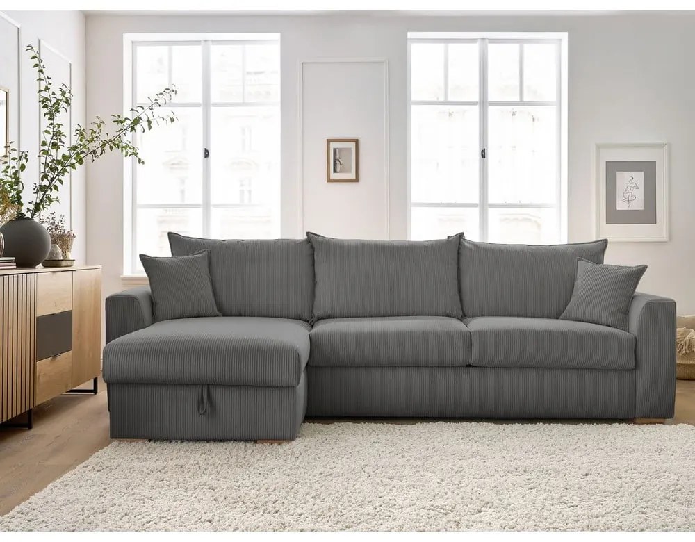 Сив разтегателен ъглов диван от рипсено кадифе (променлив) Augustin – Bobochic Paris