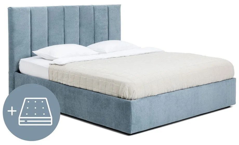 Синьо тапицирано двойно легло с място за съхранение и матрак с решетка 180x200 cm Thessa Bold Line - Bonami Selection