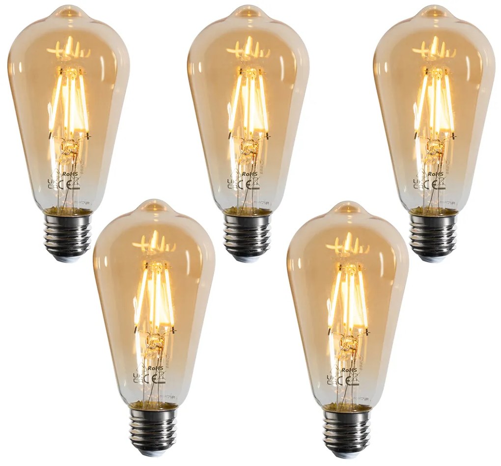 Комплект от 5 E27 димируеми LED филаментни крушки ST64 златисти 4.5W 450 lm 2200K
