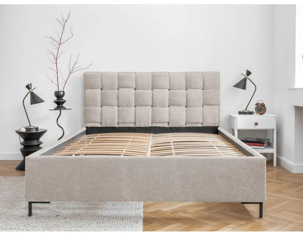 Бежово тапицирано двойно легло с включена подматрачна рамка 140x200 cm Eve – Miuform
